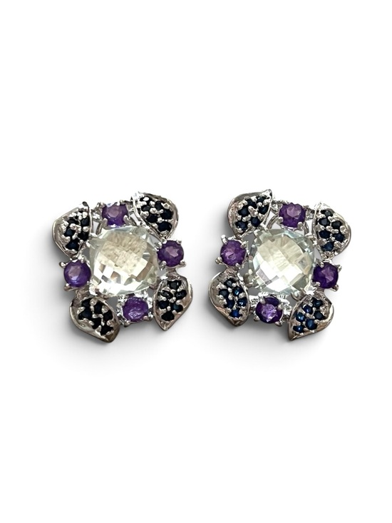 925 Sterling Silver Jewelry - Sterling Silver Amethyst And Prasiite Floral Cluster Stud Earrings